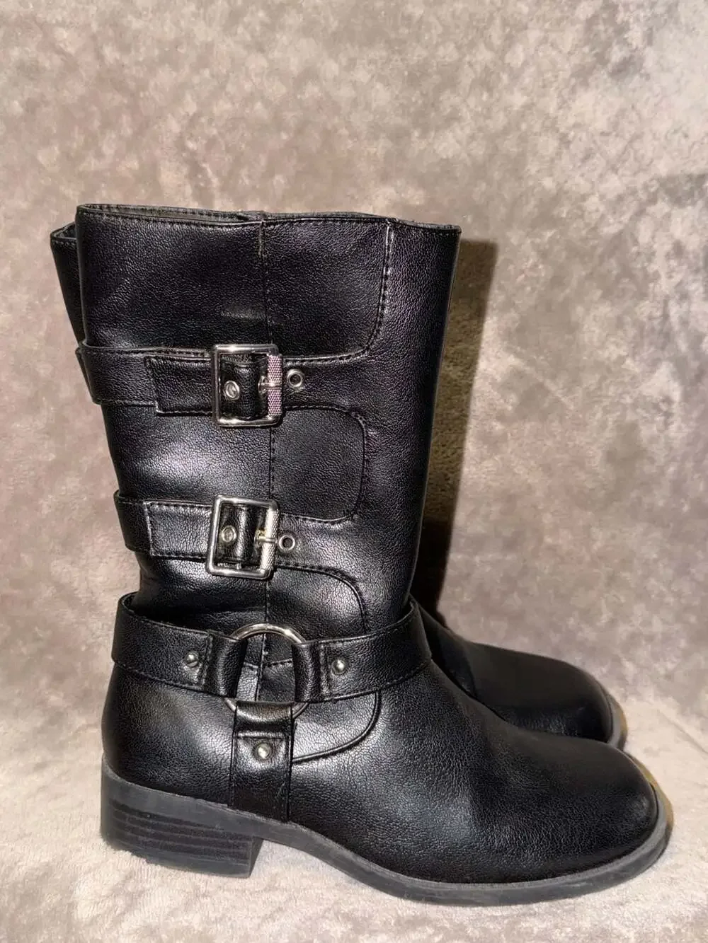 Art Class Black Mid-Calf Boots With Triple Buckle Details Side Zipper Girls